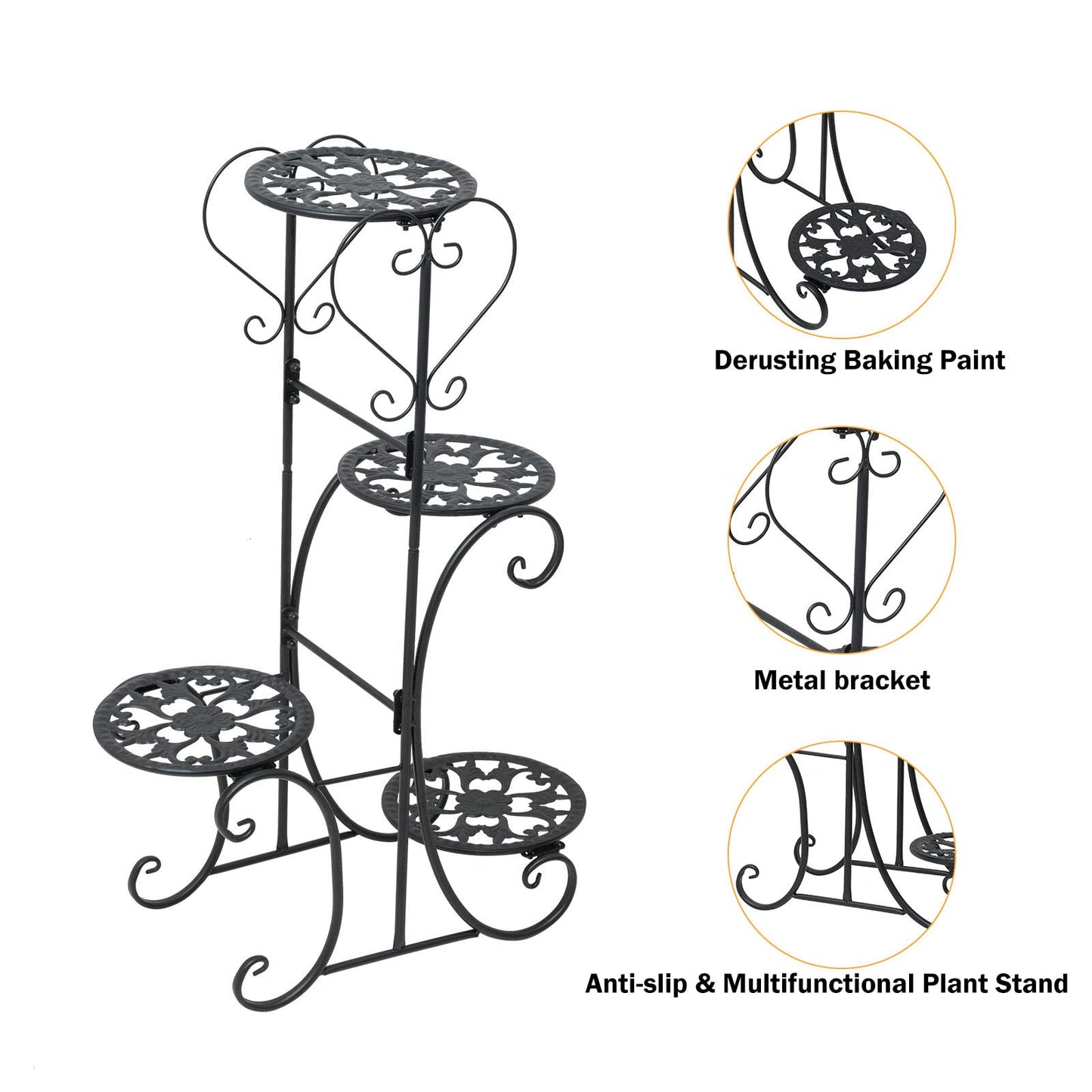 Kaichenyt Plant Stand Black Metal 4-Tier 32.3 inch Flower Display Rack Tiered Corner Flower Display Holder Indoor Outdoor Elegant Flower Pot Holder for Patio Balcony Garden Home Decorative