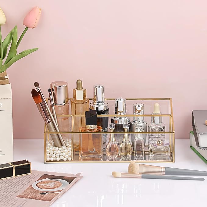 Hipiwe Makeup Organizer Countertop Cosmetic Display Case Gold Glass Vanity Storage Holder 3 Slots Dresser Bathroom Counter Organizer for Makeup Brush Lipsticks Perfume Skincare Products