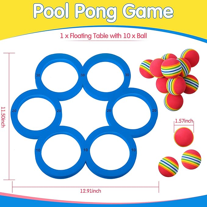 Hiboom Pool Game with Score, Combo Foam Pool Floats with 10 Colorful Tossing Balls, Toss Game Swimming Party Toys Accessories for Family Par, Dive Rings (Round,Blue)