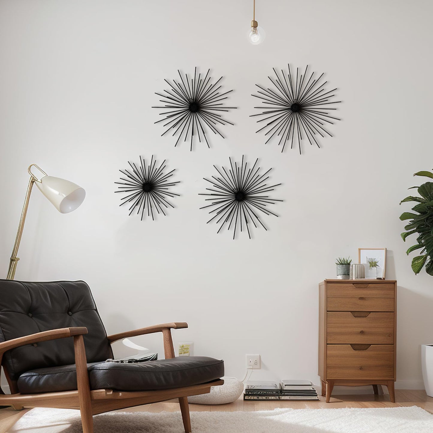 Shimeyao 4 Pcs Metal Starburst Wall Decor Black Metal Wall Art 3D Spike Bling Finish Star Burst Hangings Accents Sculptures Set Modern Mid Century Decorations for Living Room Bedroom Entryway