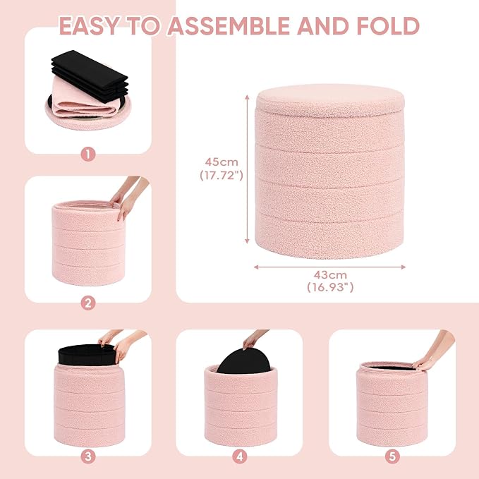 PINPLUS Round Storage Ottoman Foot Rest Stool with Tray Velvet Sherpa Folding Storage Ottoman,Boucle Foot Rest for Living Room, Bedroom, Dorm,Pink Color