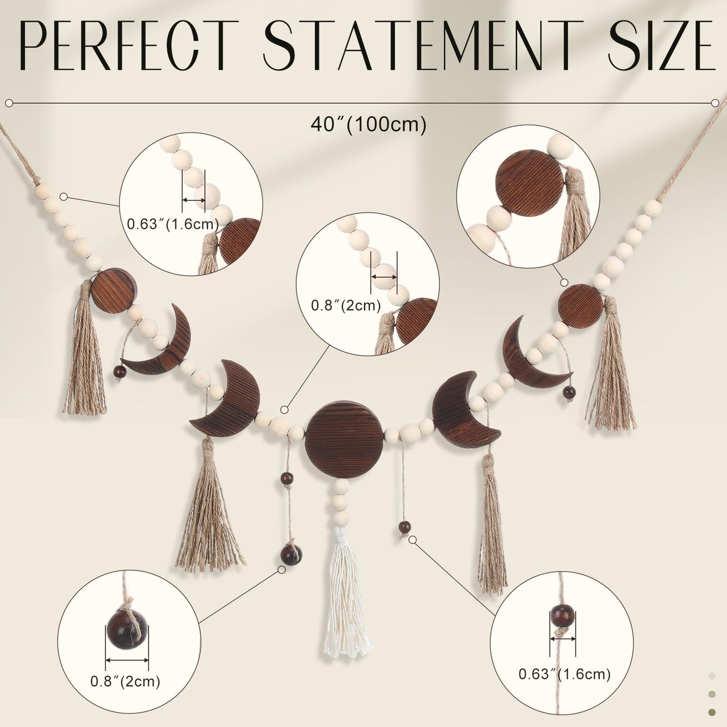 Leinuosen Moon Phase Wall Hanging Wood Beaded with Tassel Boho Wall Art Decor Astrology Aesthetic Moon Garland Celestial Decor for Living Room Bedroom Dorm Apartment, 40" Long