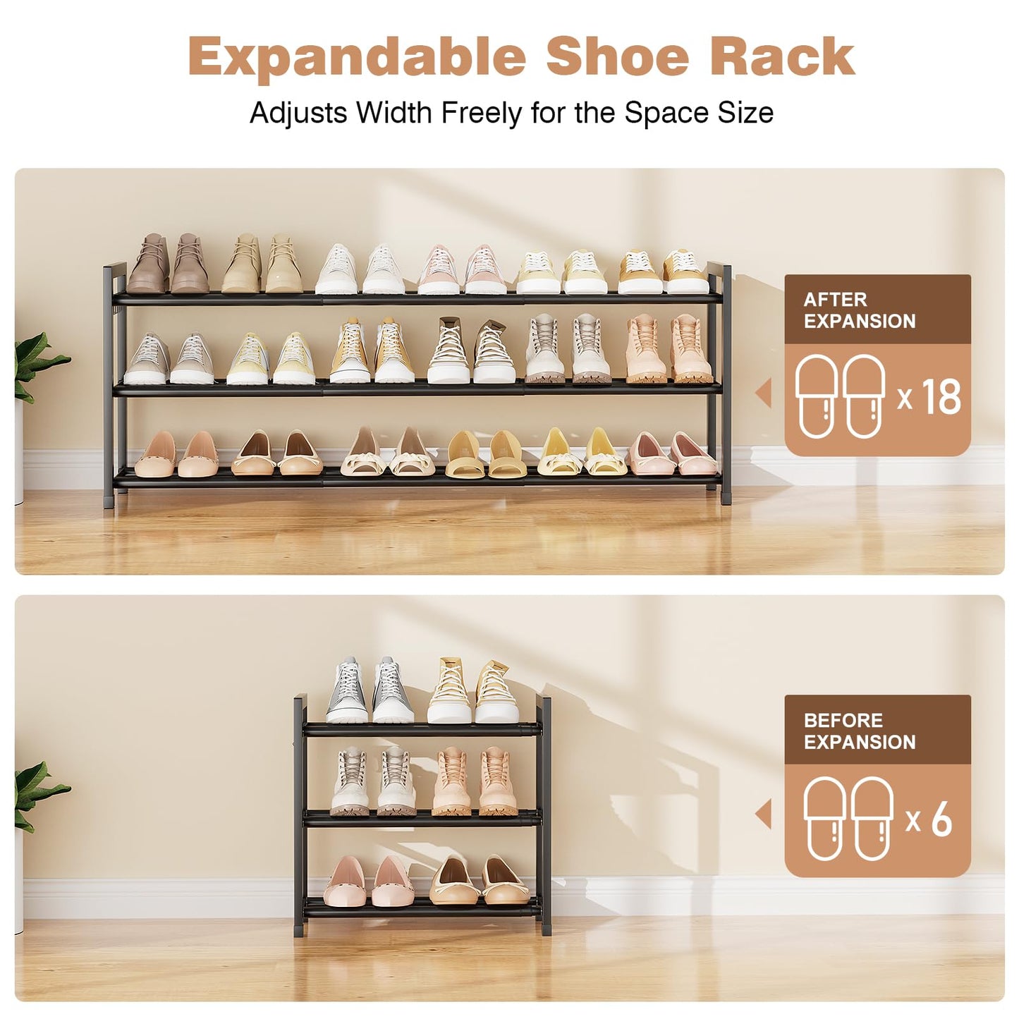 VGOBLO Expandable Shoe Rack - 18.5''- 47'' Adjustable Shoe Rack for Closet, 3 Tier Long Shoe Shelf Storage for 18 Pairs Shoe and Boot, Sturdy Metal Shoe Organizer for Entryway, Garage, Black