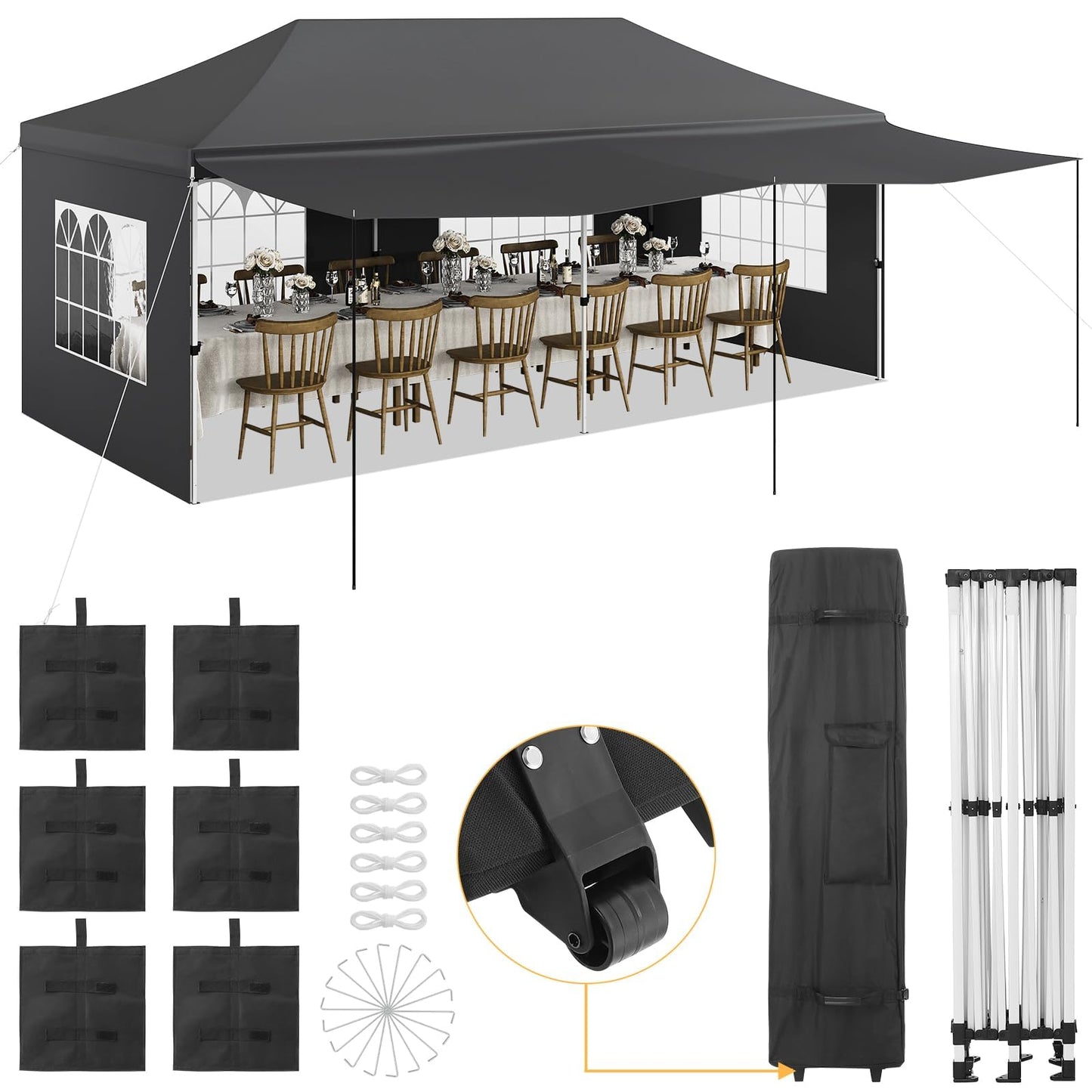 10x20 Pop Up Canopy Tent – Heavy Duty Party Tent with 6 Removable Sidewalls, 6 Sand Bags & Roller Bag, Waterproof UV-Protective Tents for Parties, Adjustable Height Instant Shelter
