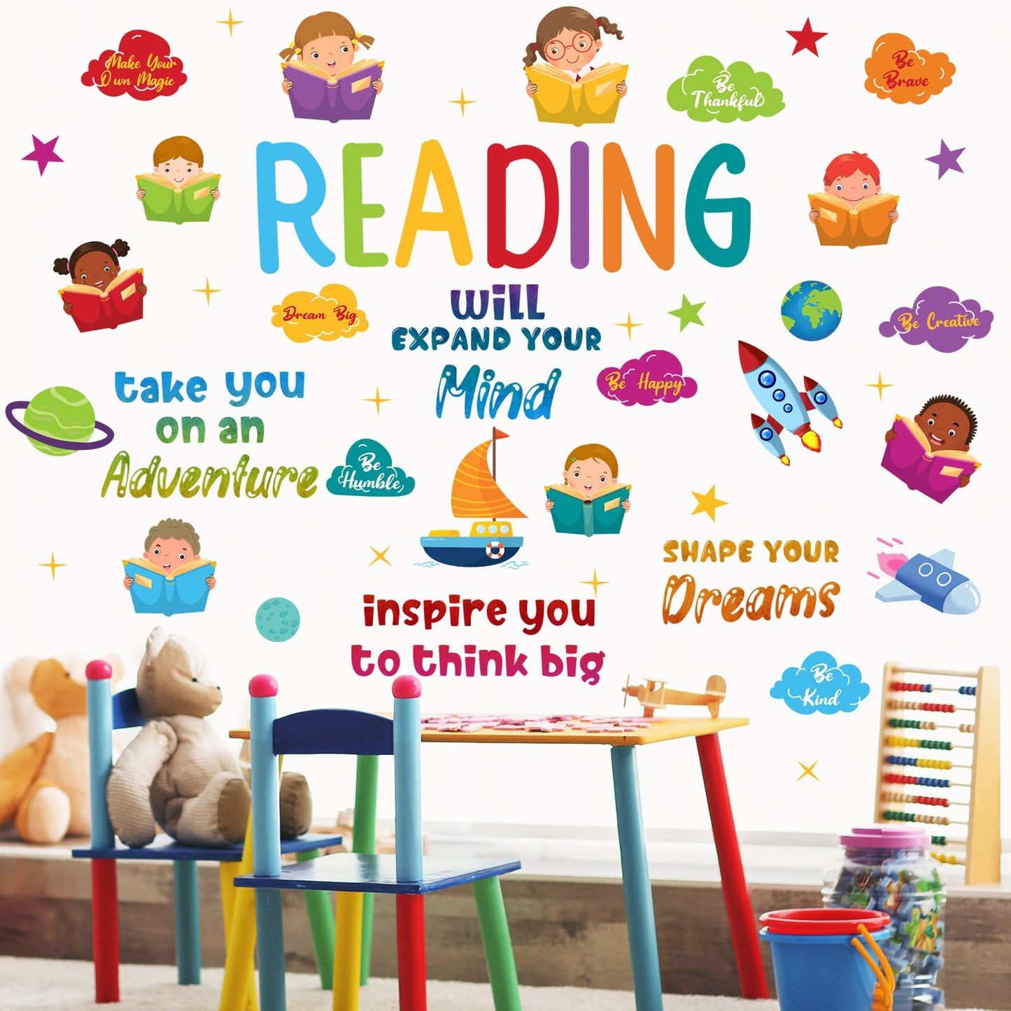 Leinuosen Kids Wall Decals Classroom Colorful Inspirational Decals Daycare Playroom Wall Decor Motivational Positive Saying Sticker(Reading)