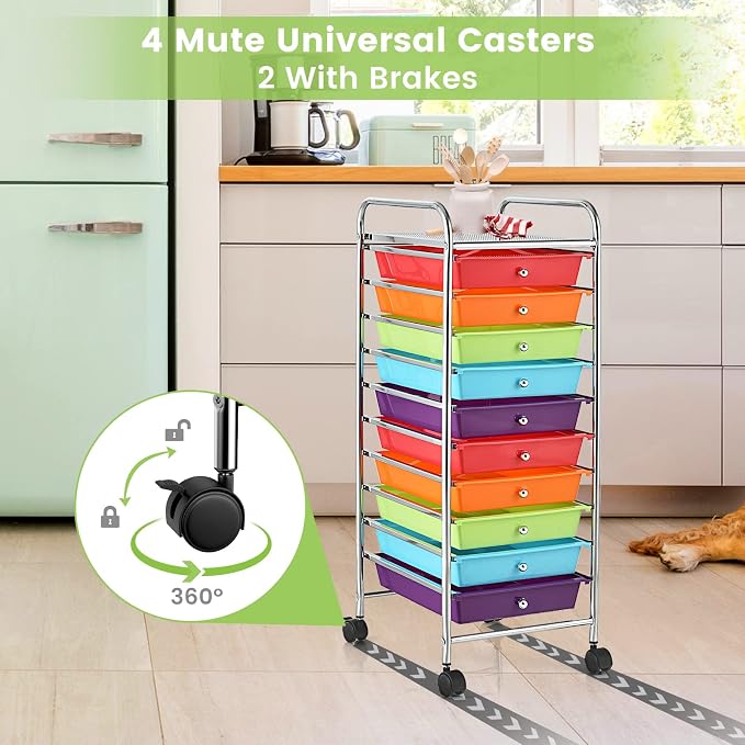 COSTWAY 10-Drawer Rolling Storage Cart, Utility Mobile Trolley with Removable Drawers & Universal Casters & 2 Brakes, Versatile Flexible Drawer Organizer Cart for Home, Office (Multi-Colored)