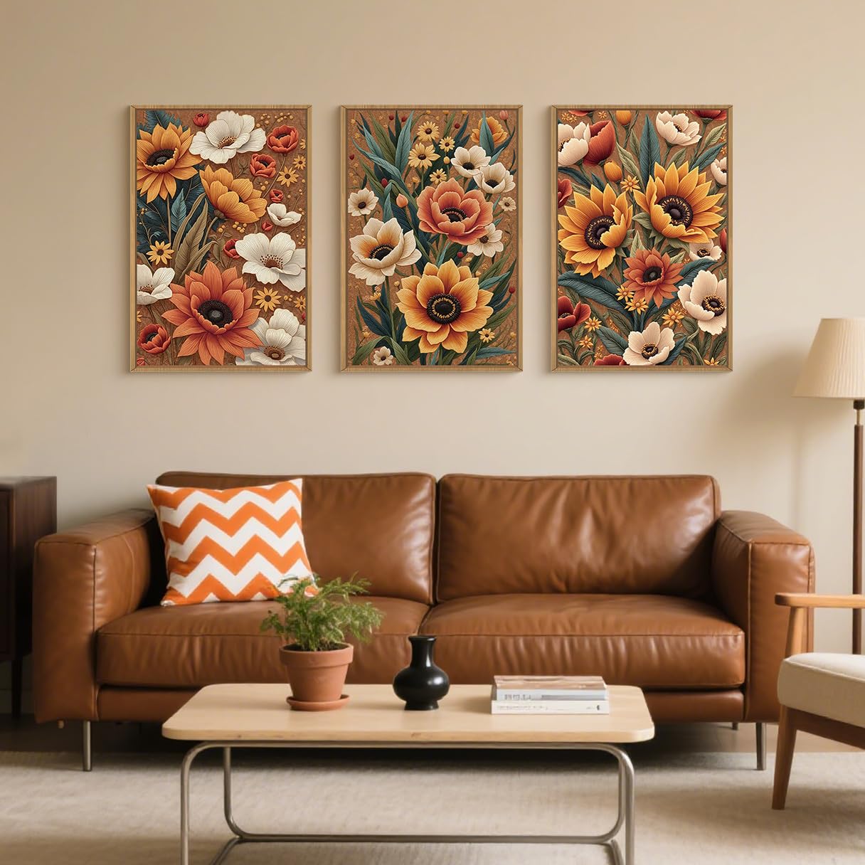 BICERE Large Boho Flower Botanical Framed Canvas Wall Art,Abstract Floral Wall Decor,Embroidery Plant Wall Painting,Bloom Wildflower Artwork for Living Room,Bedroom,Dining Room,Office -24"x36"x3