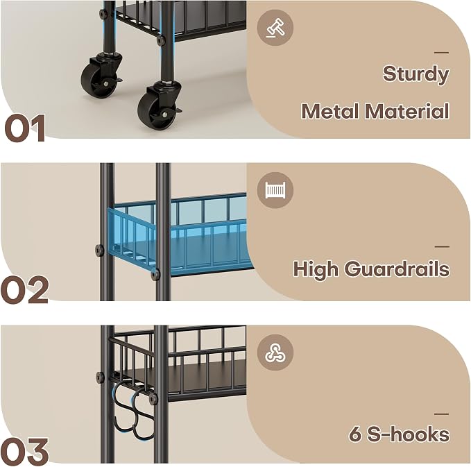 6 Tier Slim Storage Cart with Wheels, Metal Mobile Shelving Unit Organizer Utility Cart for Office Bathroom Kitchen Laundry Room Narrow Places (10inches)