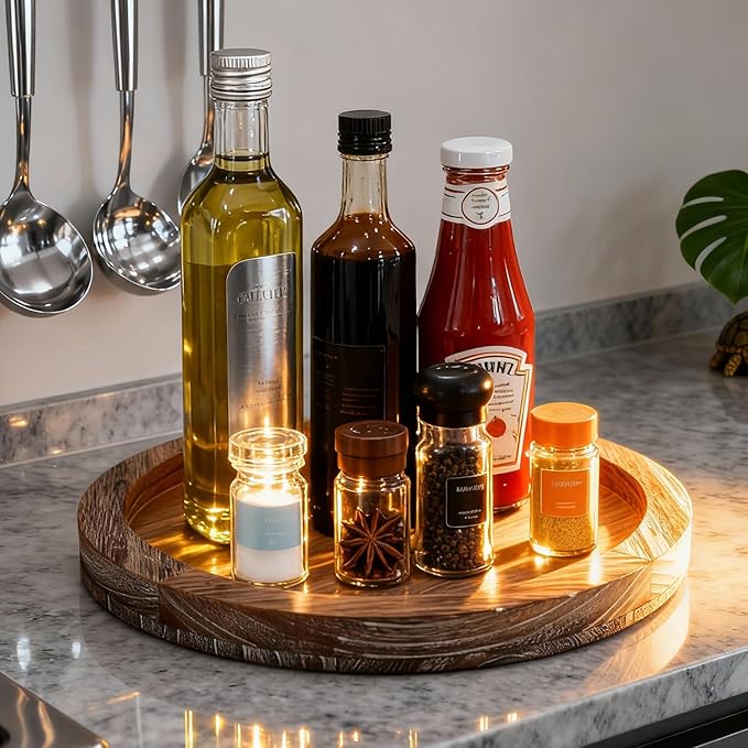 Round Decorative Wood Trays for Coffee Table Counter Farmhouse Kitchen Home Decor Centerpiece Small Wooden Candle Holder Tray Circular Serving Platter Circle Rustic Dining Table Bathroom Perfume Tray
