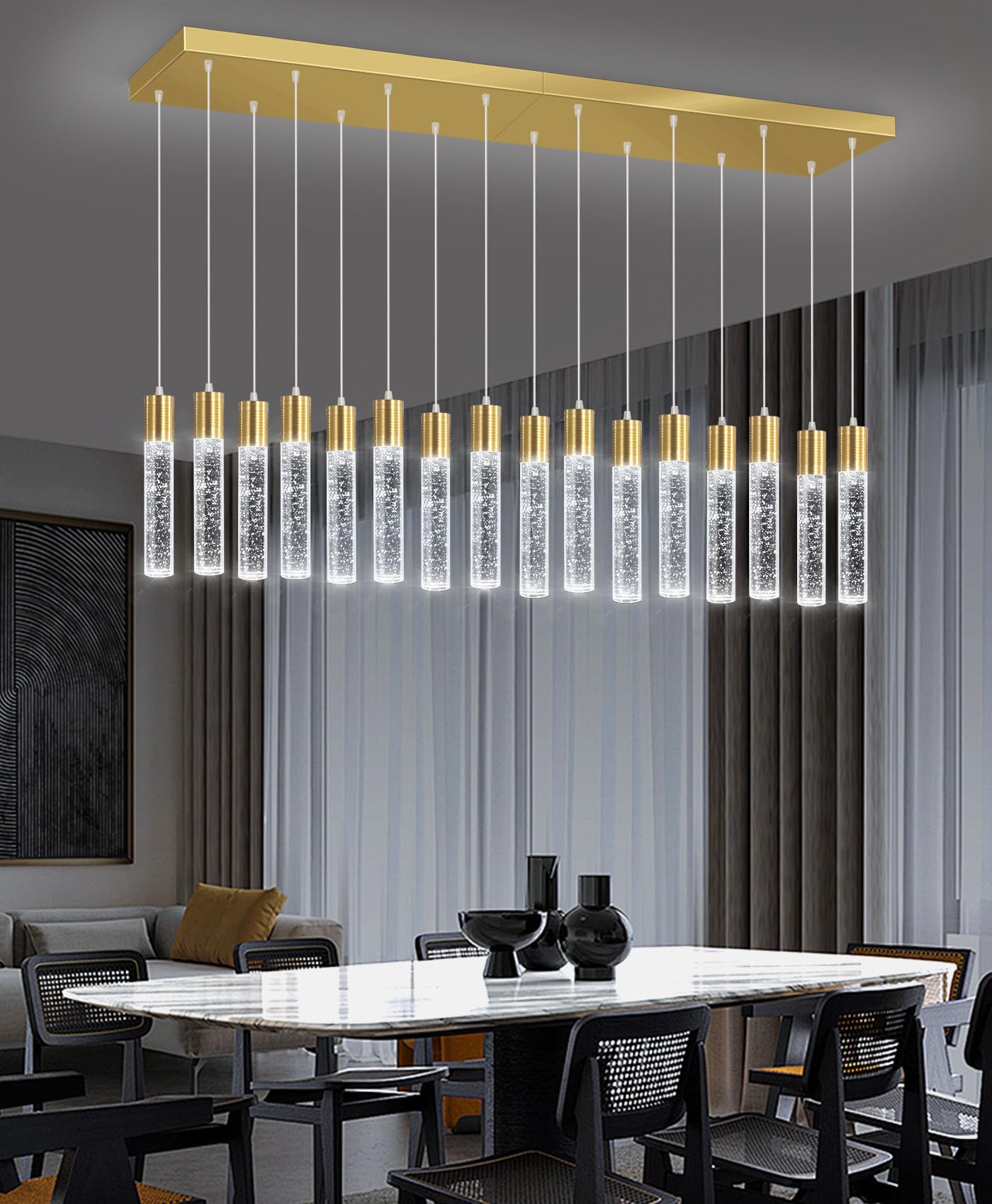 dolria 16-Lights Modern Crystal Rectangular Chandeliers LED Pendant Light for Kitchen Island High Ceiling Chandelier for Dining Room Entrance Foyer Living Room Gold