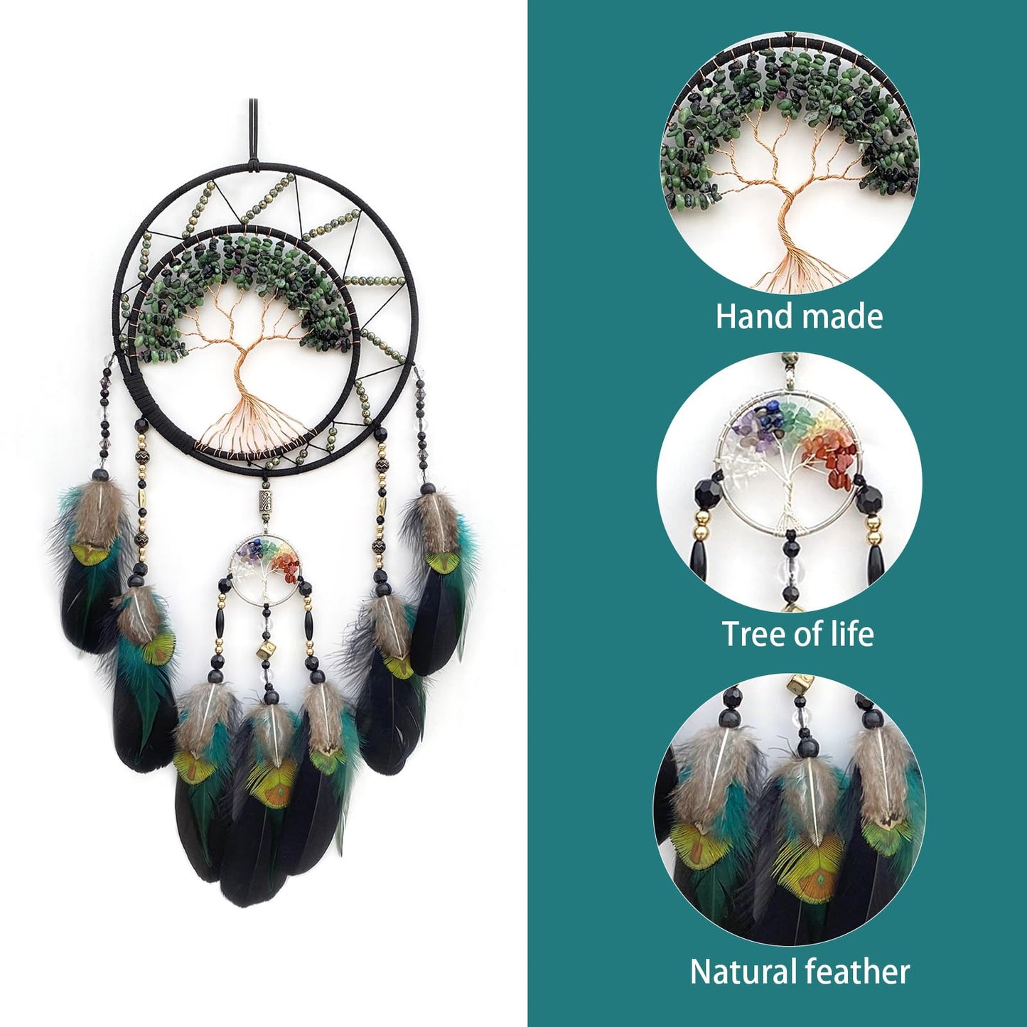 RAGKUU Black Large Dream Catcher Wall Decor Crystal Tree of Life Dream Catchers Handmade Feather Dreamcatcher Wall Hanging Ornament for Bedroom Living Room Home Decor