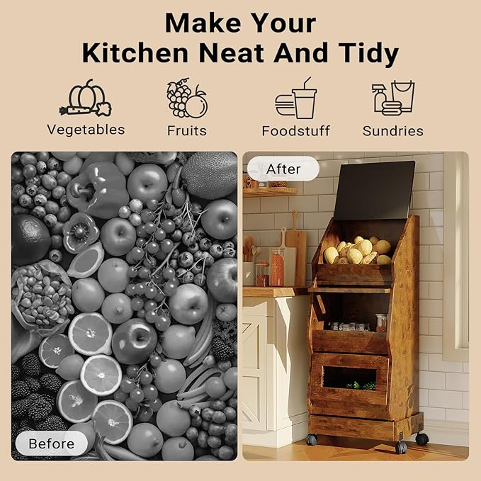 Potato and Onion Bin with Lid Movable Bread Box, Potato and Onion Storage with Wheels Black Movable, Vegetable Cabinet with 3 Tier Storage, Grocery Section Bread Box Set of 2