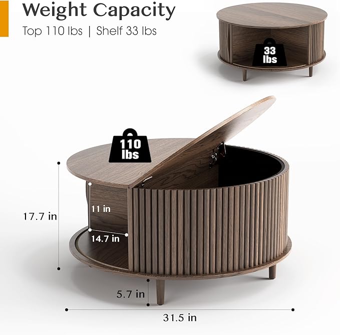 JOINICE,Round Coffee Table with Storage, 31.5" Fluted Center Table for Living Room, Modern Walnut Wood Circle Drum Table with Sliding Cabinet Door, Mid Century Furniture for Small Space