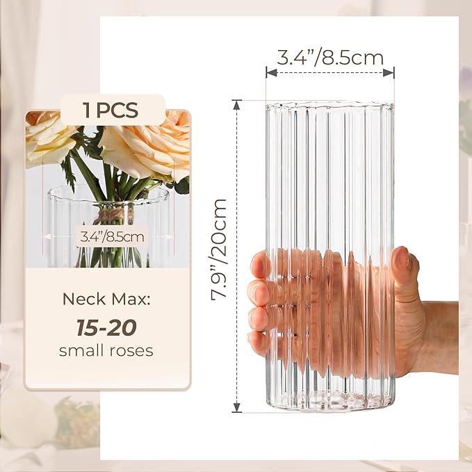 ComSaf Glass Cylinder Vases, Bud Vase for Centerpieces, 8 Inch Tall Ribbed Vase Hurricane Floating Candle Holder, Decorative Flower Vases for Wedding Reception, Home Decor, Housewarming Gift (Clear)