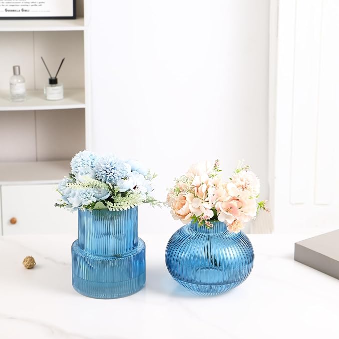 Ribbed Glass Vases, Set of 2 Fluted Vases for Flowers, Blue Glass Vase for Tulips, Modern Vase for Living Room, Kitchen, Office, Entryway, Mantle, Bookshelf, Wedding Gifts, Birthday