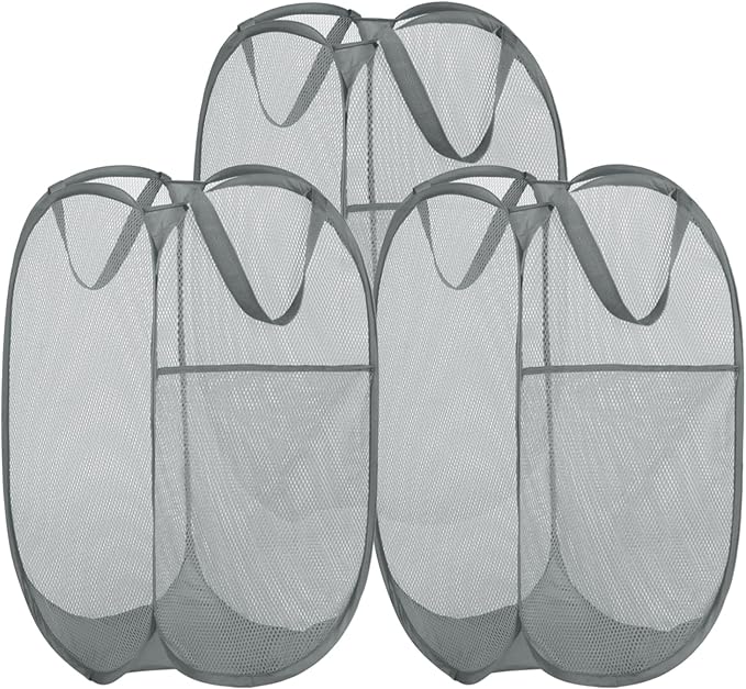 BATTOO 3 Pack Collapsible Laundry Basket Strong Mesh Pop Up Laundry Hamper for Laundry Foldable Hampers with Side Pocket Reinforced Handles for Bathroom, Kids Room, College Dorm or Travel Grey