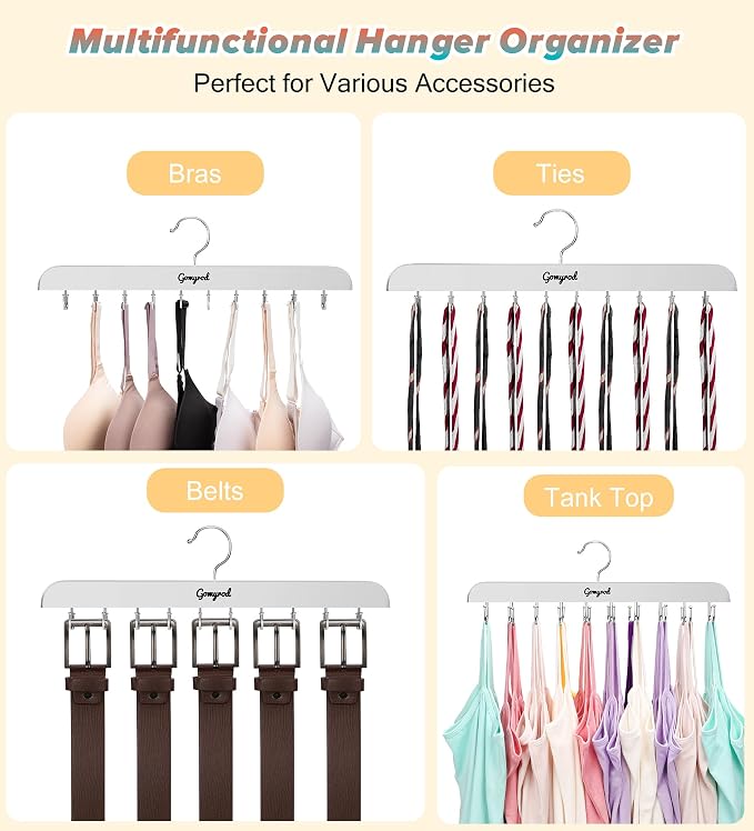 Gomyrod Bra Hanger for Closet, 2 Pack Tank Top Hanger w/20 Hooks Capacity Foldable Wood Space Saving Hangers, 360°Rotating Closet Organizers and Storage for Dorm & Apartment for Bra Scarf Ties(White)