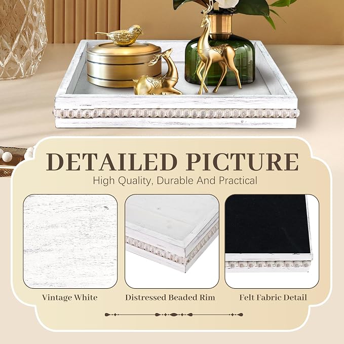 Wooden Decorative Tray, Small Serving Tray with Wood Bead, Farmhouse Big Tray for Ottoman, Countertop, Coffee Tabl, 13" x 13"x 1.6" (Retro White)