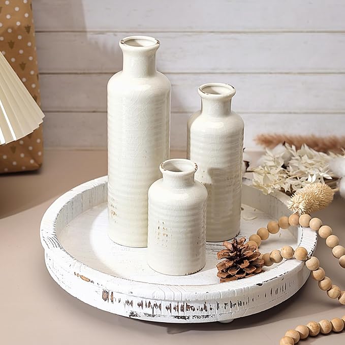 White Ceramic Vase Set of 3, Rustic Vase for Farmhouse Shelves, Ocean Beach Style, Mantle, Fireplace, Coffee Table, Shelf for Living Room
