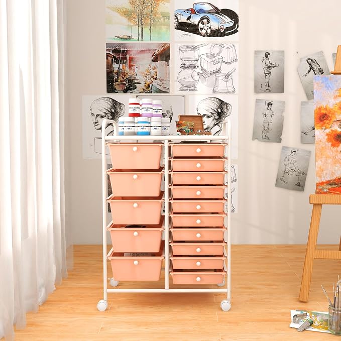 GOFLAME 15-Drawer Rolling Storage Cart, Craft Storage Cart with Removable Drawers & Lockable Wheels, Art Cart Supply Storage Organizer for Home Office Classroom, Peach Fuzz