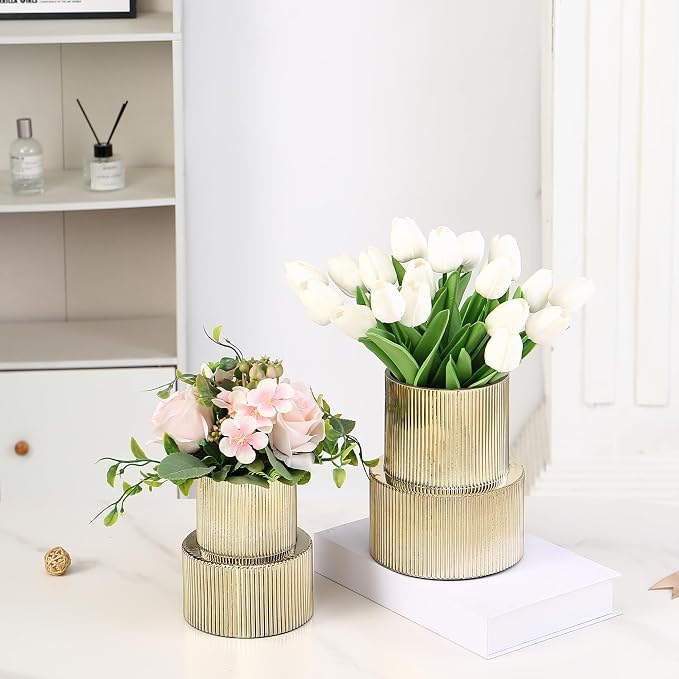 Ribbed Glass Vases for Bouquet, Set of 2 Gold Vases for Flowers, Gold Glass Vase for Tulips, Modern Vase for Living Room, Office, Coffe Table, Dining Table, Shelf, Wedding