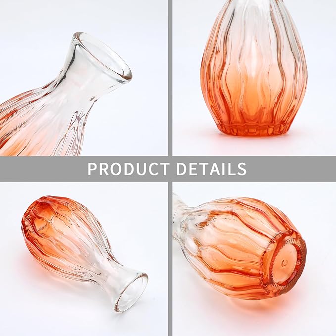 Mapoxy Glass Bud Vases Set of 4,Small Orange Flower Vases for Wedding Centerpiece Table Decorations,Clear Vintage Embossed Mini Vases,Flower Arrangements in Vases for Party or Home Decor