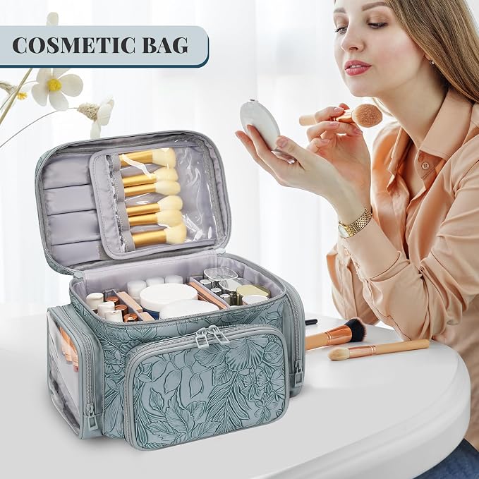 Bagmoly Large Makeup Bag, Portable Travel Makeup Bag Organizer for Women Girls with Makeup Brush Compartment & Two Side Pockets, Cosmetic Travel Bag Vertical Storage Toiletry - Floral Blue