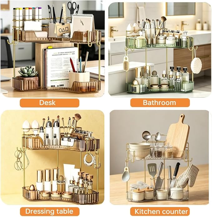 2-Tier Corner Bathroom Counter Organizer，Makeup & Skincare Shelf with Built-in Brush Holder，Space-Saving Bathroom Countertop Organizer for Skincare, Perfume, Cosmetics(Green)