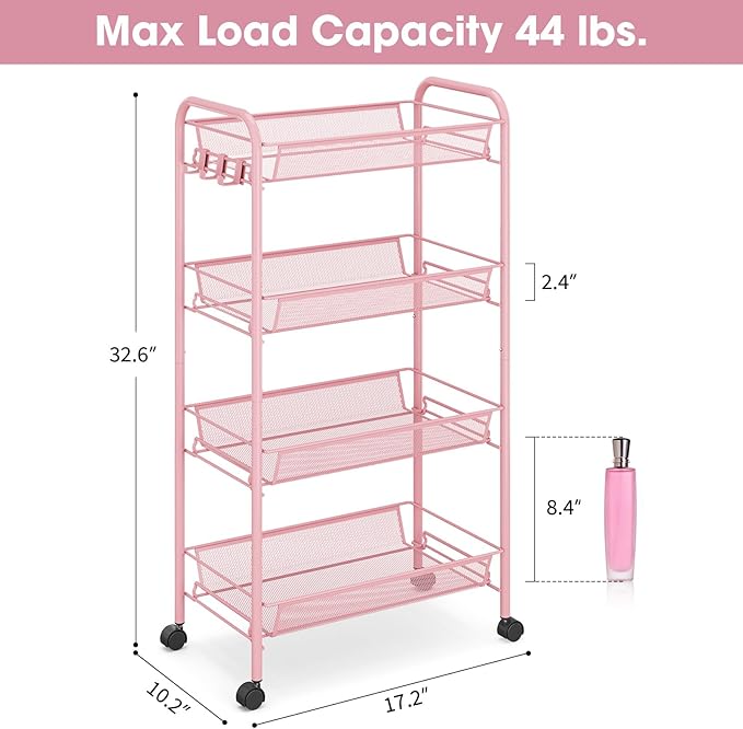 TOOLF 4 Tier Rolling Utility Cart - Durable Metal Design Pink Utility Cart, Storage Trolley on Wheels with 3 Hooks, Perfect for Kitchen, Bathroom & Laundry Room Organization