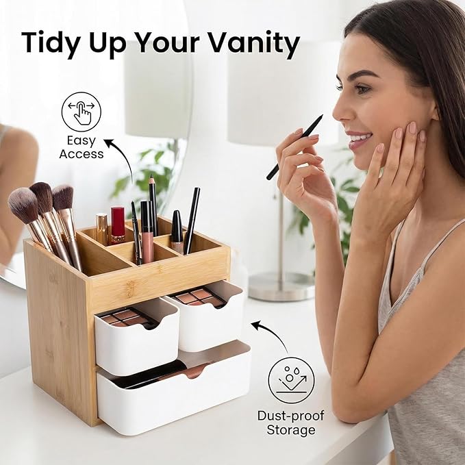 Bamboo Makeup Organizer with 3 Drawers, Dresser Cosmetic Organizer Box,Bamboo Desk Organizer for Home with Adjustable Dividers