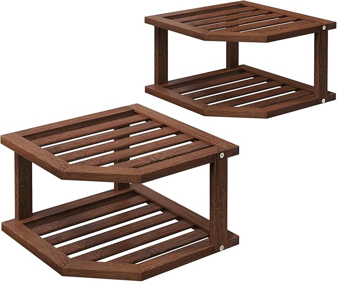 VERTORGAN Bamboo Corner Shelf(2 Pack),2 Tier Plate Organizer for Cabinet and Countertop,Pantry Dish and Spice Rack for Kitchen（Brown）