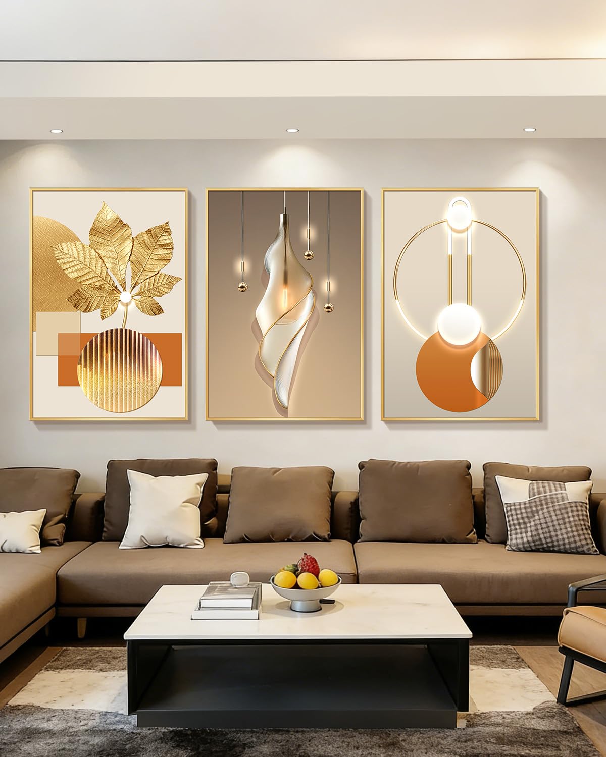 Azartslr Large Framed Modern Rose Gold Wall Art, Luxury 3 Pieces Aluminum Alloy Wall Decor for Living Room, Abstract Gold and Beige Home Bedroom Art Painting, Geometric Crystal Porcelain Artwork Dining Room Pictures Decoration 16x24in