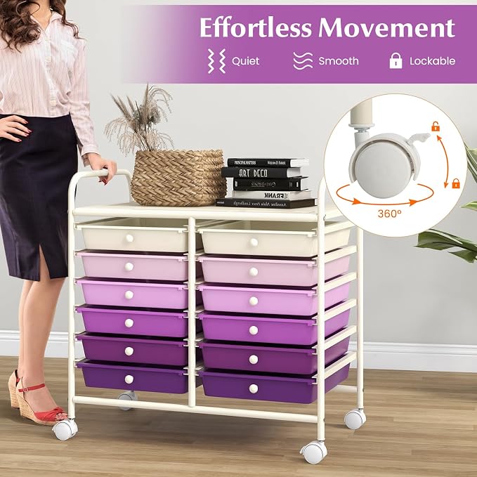 COSTWAY 12-Drawer Rolling Storage Cart, Utility Storage Organizer Cart for Tools, Scrapbook, Paper, Craft, Multipurpose Art Supply Organizer on Wheels for Home Office School, Teacher, Purple Gradient