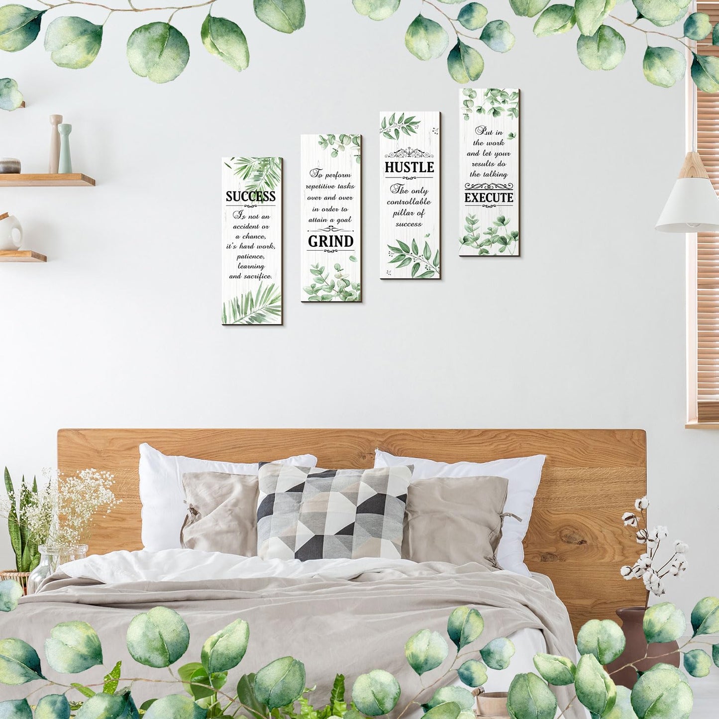 Honoson 4 Pcs Motivational Office Wall Decor Boho Wall Art Inspirational Hanging Wooden Plaques Sayings Rustic Motivational Quote Signs for Office Bedroom Living Room