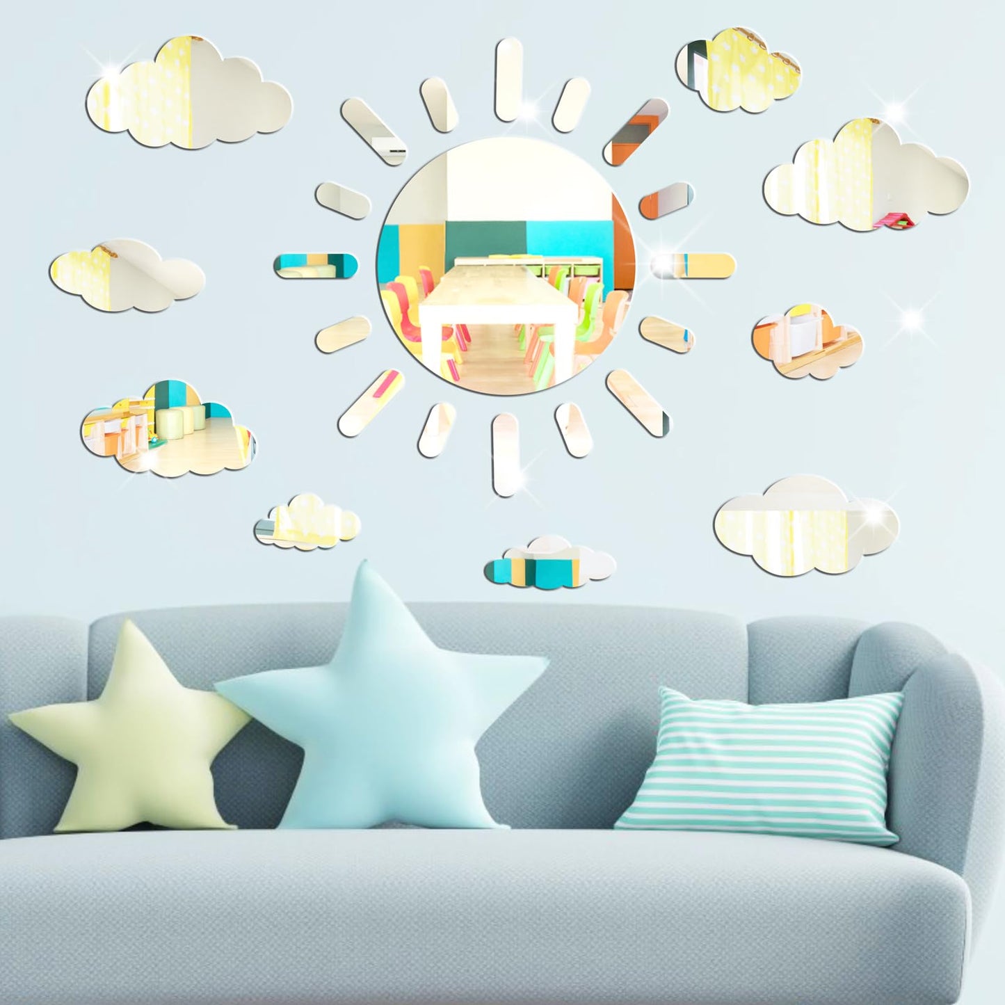 Sun and Cloud Mirror Stickers Decals 3D Acrylic Mirror Wall Stickers Self Adhesive Decorative Silver Removable Peel and Stick for Kids Baby Bedroom Bathroom Playroom Nursery Ceiling Wall Decor