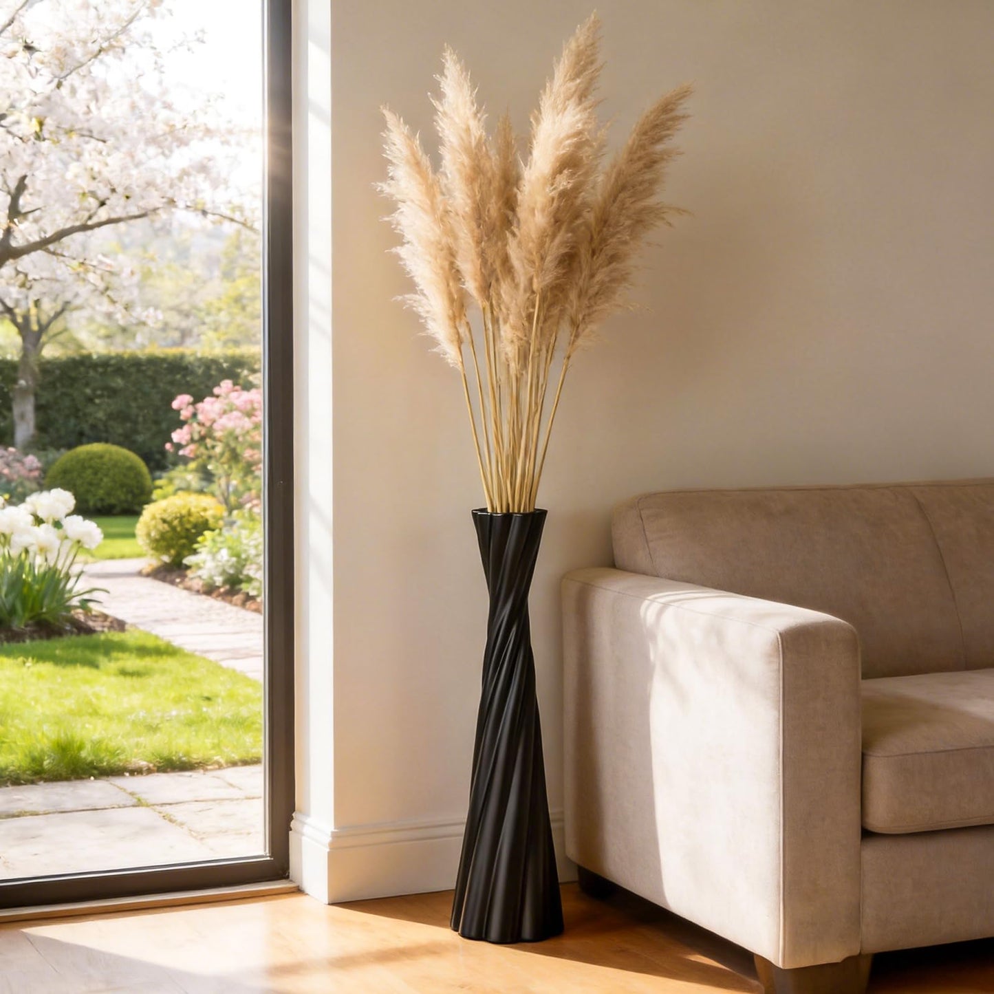 Tall Black Floor Vase 23.6″ – Glossy Twisted Resin Decorative Floor Vase for Pampas Grass, Branches & Dried Flowers, Modern Farmhouse Indoor Home Decor