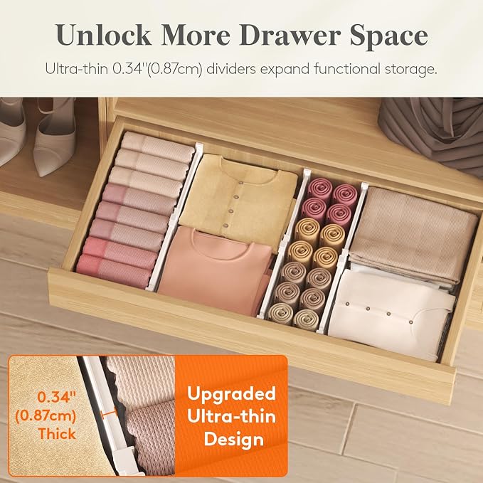 Lifewit Drawer Dividers for Clothes, 3.2" High 10.5"-16.5" Expandable Dresser Drawer Organizers, Adjustable White Plastic Separators for Kitchen, Cabinet, Nursery, Socks & Underwear Storage, 6 Pack