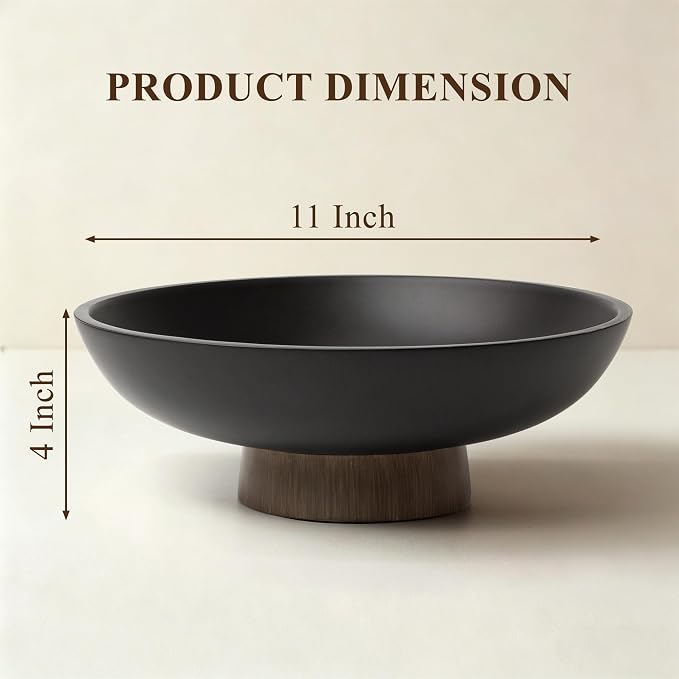YMXYJM Modern Pedestal Fruit Bowl, Large Matte Resin Decorative Bowl with Faux Wood Base for Kitchen Counter, Living Room, Entryway Home Decor, Black