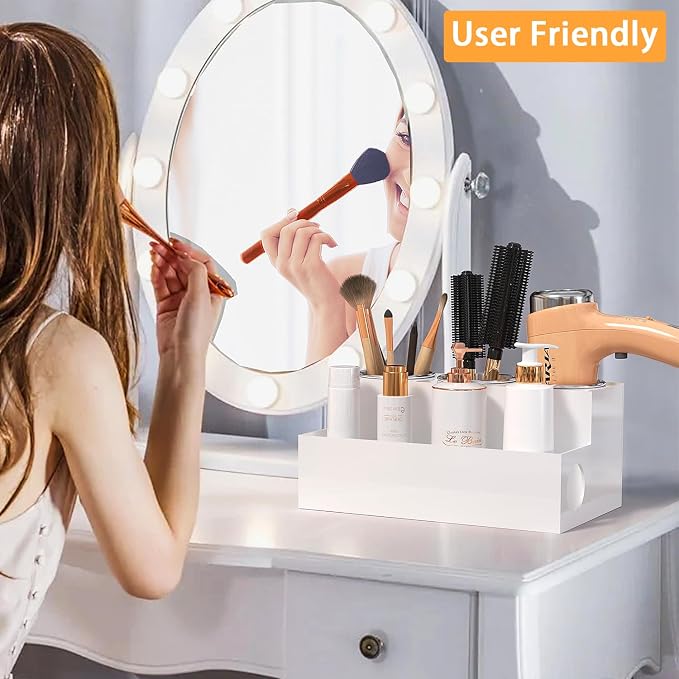Hair Tool Organizer, White Acrylic Hair Dryer Holder with Insulated Cup, Bathroom Supplies Countertop Blow Dryer Holder, Vanity Caddy Storage Stand for Accessories, Makeup, Toiletries