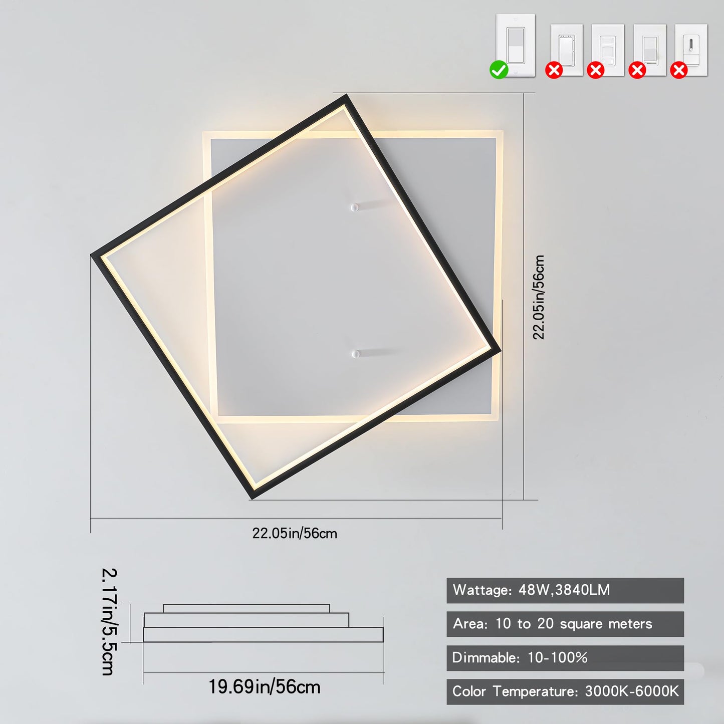 Shine LUEST Black Modern LED Bedroom Ceiling Light Dimmable Flush Mount Ceiling Light Fixture 22" Square Ceiling Lamp with Remote Control Kitchen Lighting Fixture Ceiling,Suitable for Bedroom,Hallways