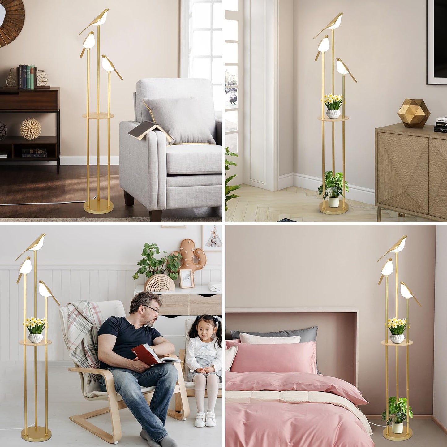 Gold Floor Lamps for Living Room, Modern Floor Lamp with Shelves, Mid Century Standing Lamp with 3 Adjustable LED Bird Lights, Corner Tall Lamp with Table, Brass Stand up Lamp for Bedroom Kids Room