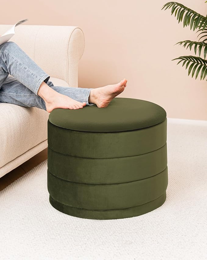 B FSOBEIIALEO Round Velvet Storage Ottoman with Tray, Folding Ottoman with Storage Coffee Table Foot Rest for Dorm Room, Living Room Olive, 22.83"x22.83"x17.32"