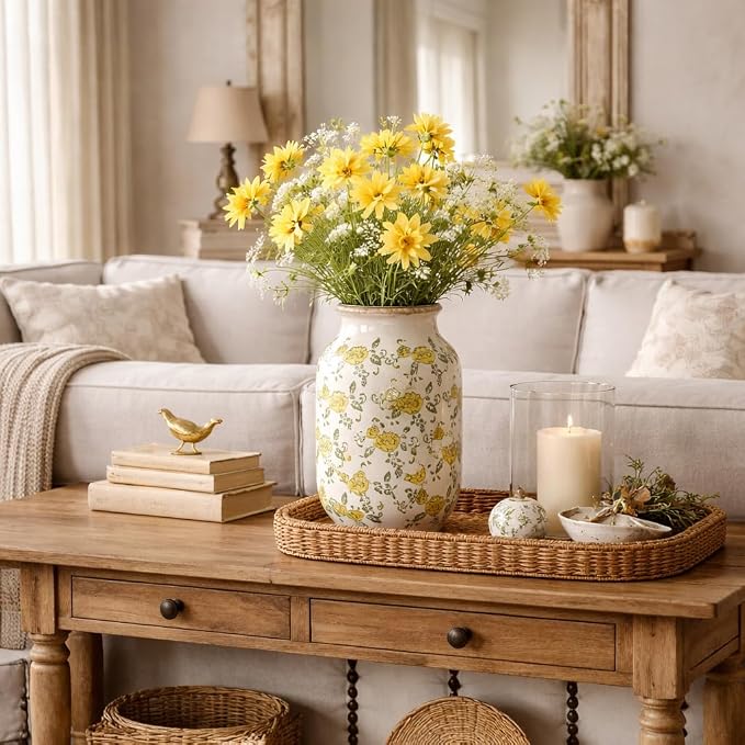 SIDUCAL Ceramic Vintage Pastoral Vase, 8.78 Inch Chinoiserie Floral Vase, Retro Ice Cracked Rustic Farmhouse Vases for Home Decor, Living Room, Bookshelf, Office, Tuscan Decor, Yellow Rose Pattern