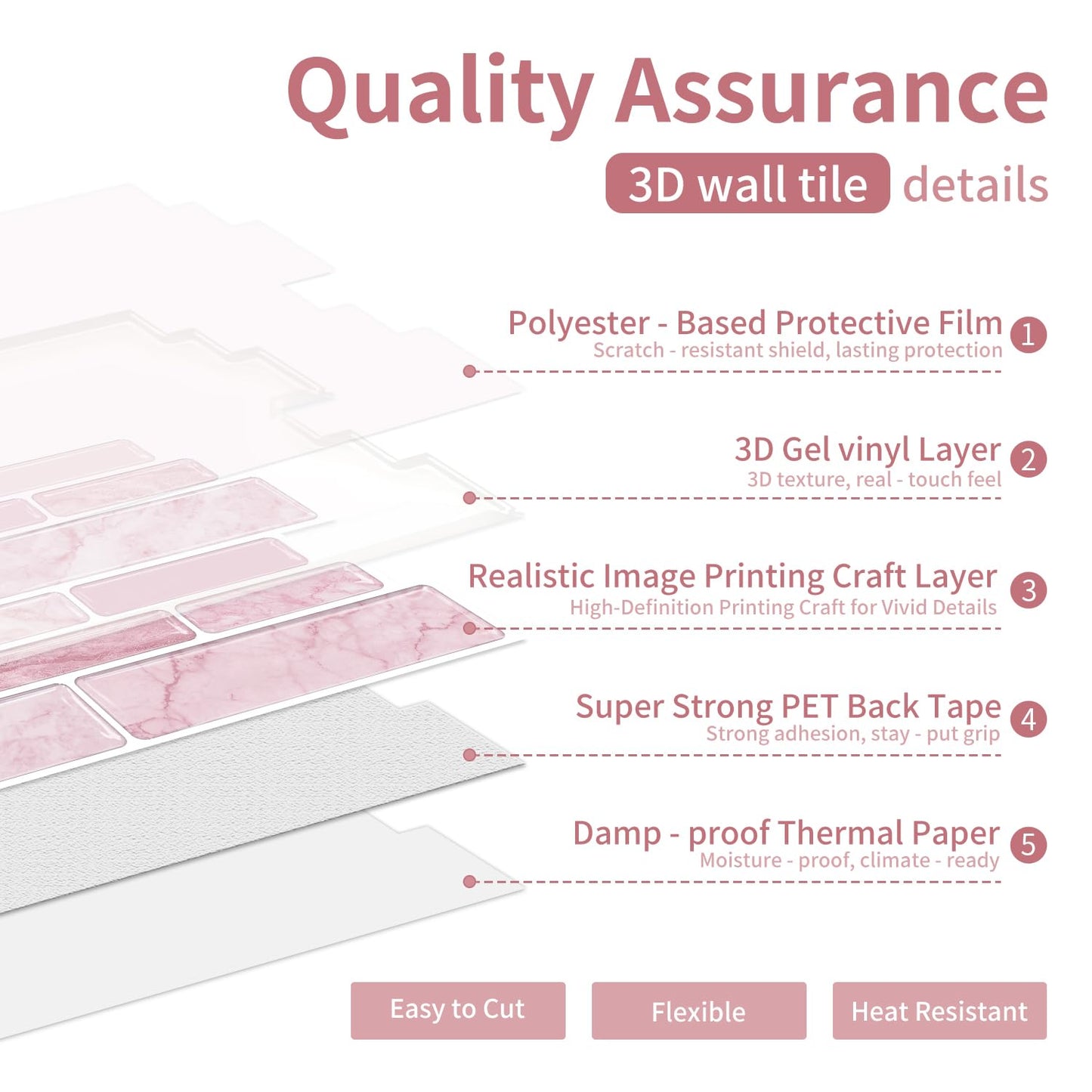 Alwayspon 9.69x4.72inchx10Pcs Marble Subway 3D Self Adhesive Wall Tile Sticker, Peel and Stick Adhesive Waterproof Backsplash Stick on Tile Decal for Kitchen Bathroom Wall, Pink
