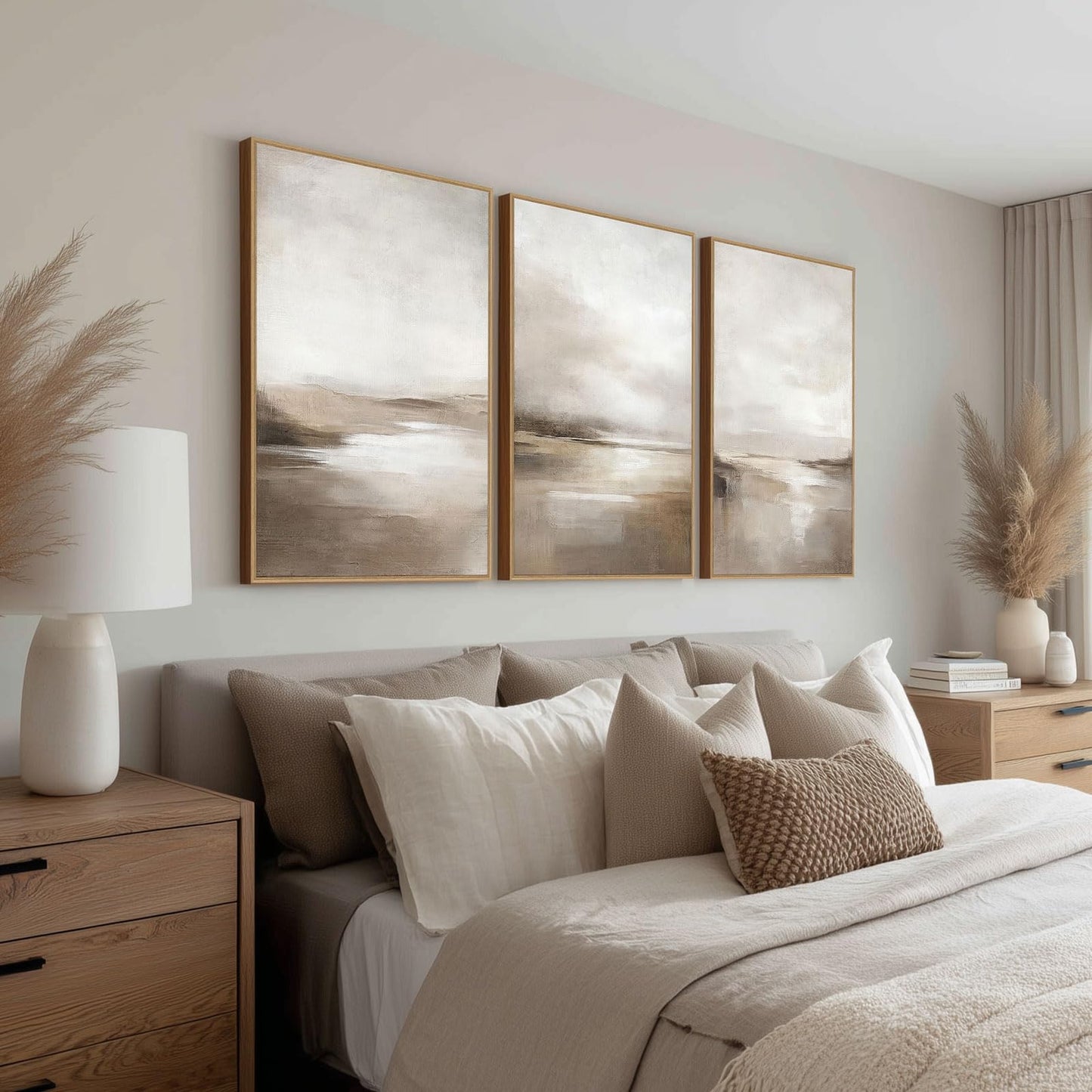 SAFERRYHOME Neutral Abstract Wall Art - Minimalist Framed Canvas Print Set, Landscape Shapes Abstract Illustrations Modern Nordic Calm Decor for Living Room, Bedroom, Bathroom - 3 Panels 24x36 Inch