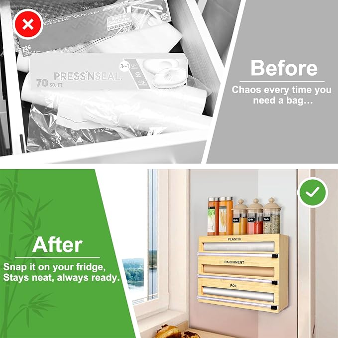MSJGA Magnetic Plastic Wrap Dispenser with Cutter, 3 in 1 Refrigerator Bamboo Organizer for Tin Foil, Baking Paper, Wax Paper Holder Kitchen Storage Box Compatible