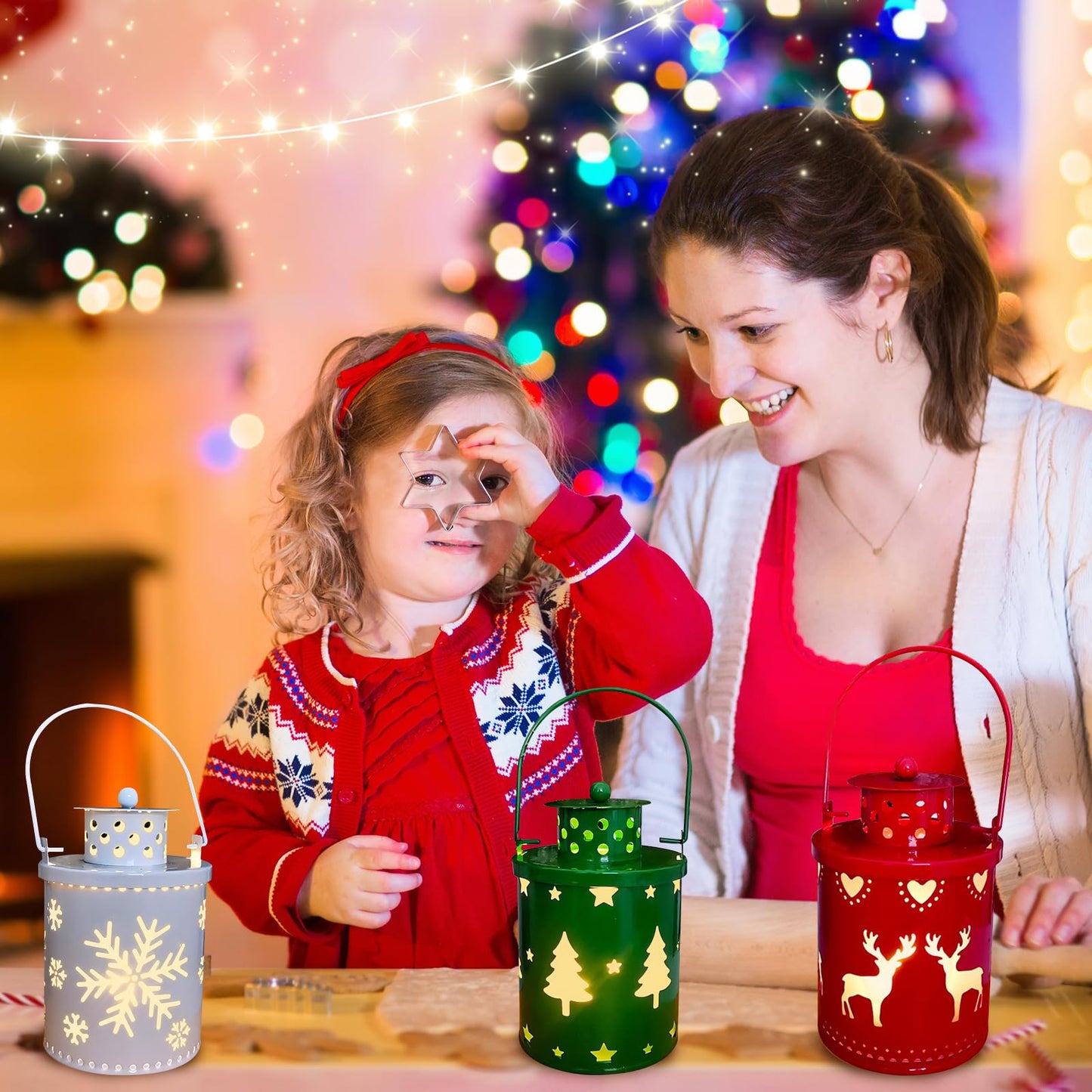 YBB 3 Pack Christmas Decorative Lantern Lights, Flameless Battery Operated Hanging Metal LED Candles Lanterns for Christmas Centerpiece Table Indoor Outdoor Party Decoration