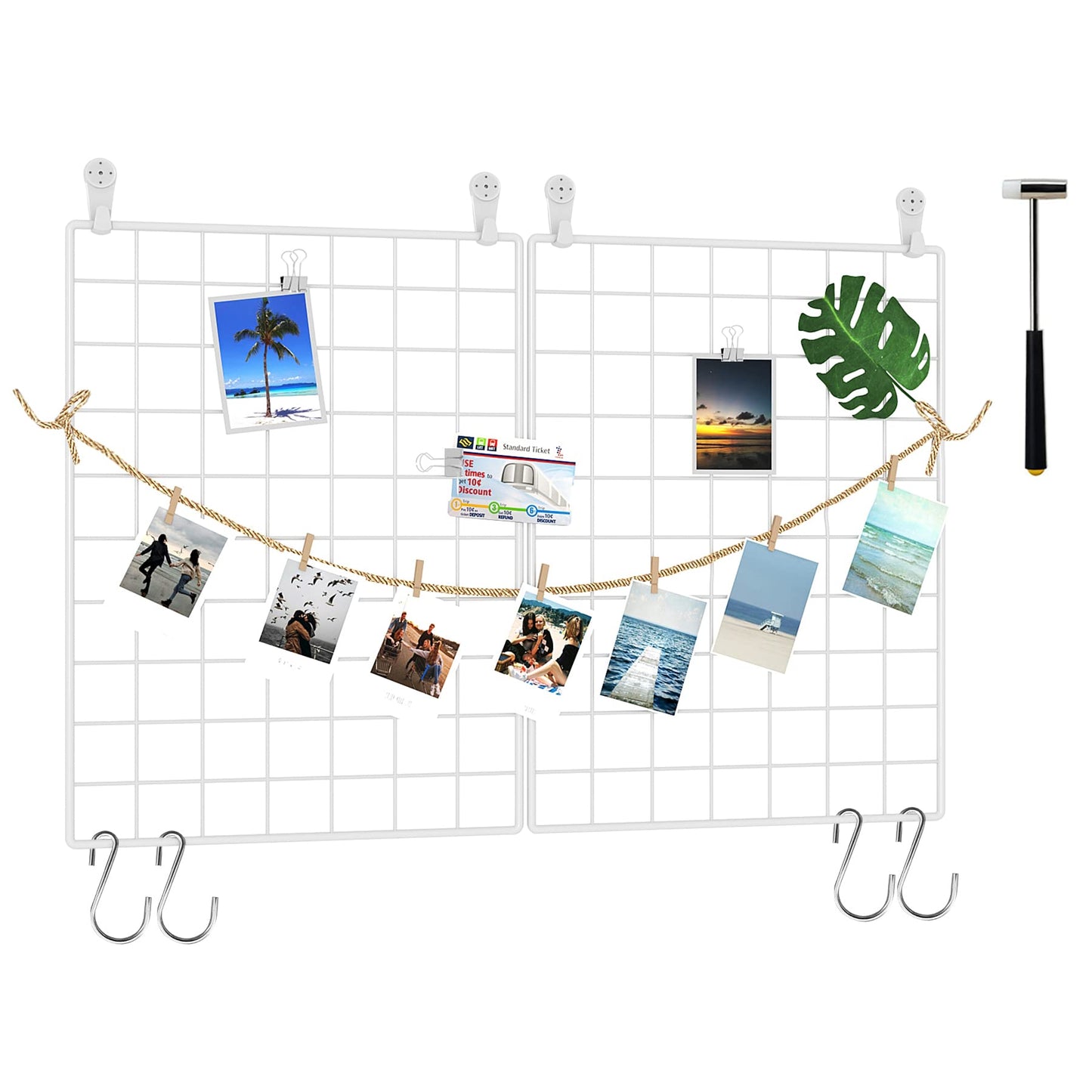 C&AHOME Photo Wall Display Set of 2, Grid Panel with Hooks, Clips, Hemp Cord, Hammer - 15.7" x 11.8", White UWWGM3402W