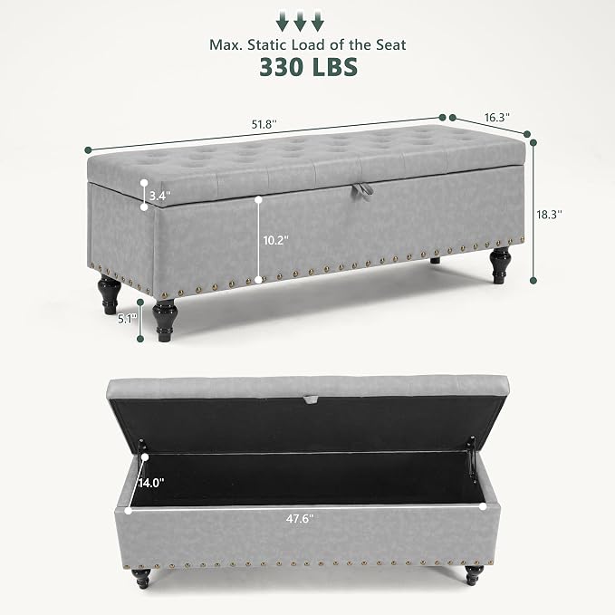 Mangodan 50" Storage Ottoman Bench, Tufted Ottoman with Storage for Living Room, Large End of Bed Ottomans, Modern Entryway Benchs, Window & Bedroom Benches for Foot of Bed (AshGray)