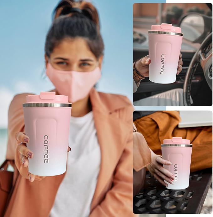 YINBAOGE Insulated Travel Coffee Mug, Spill & Leak Proof, Portable To Go Camping Stainless Steel Coffee Tumbler, Reusable Thermal Coffee Cup with Lid for Hot & Cold Drinks (2nd-Pink White, 12 OZ)